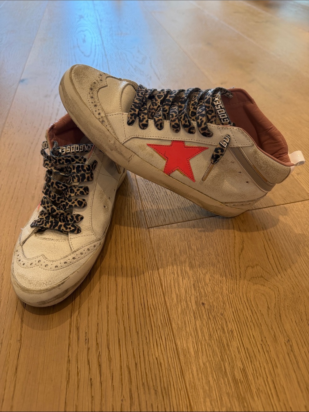 Golden Goose Size 37 White MID STAR Sneakers with Pink Star and Leopard GG Laces